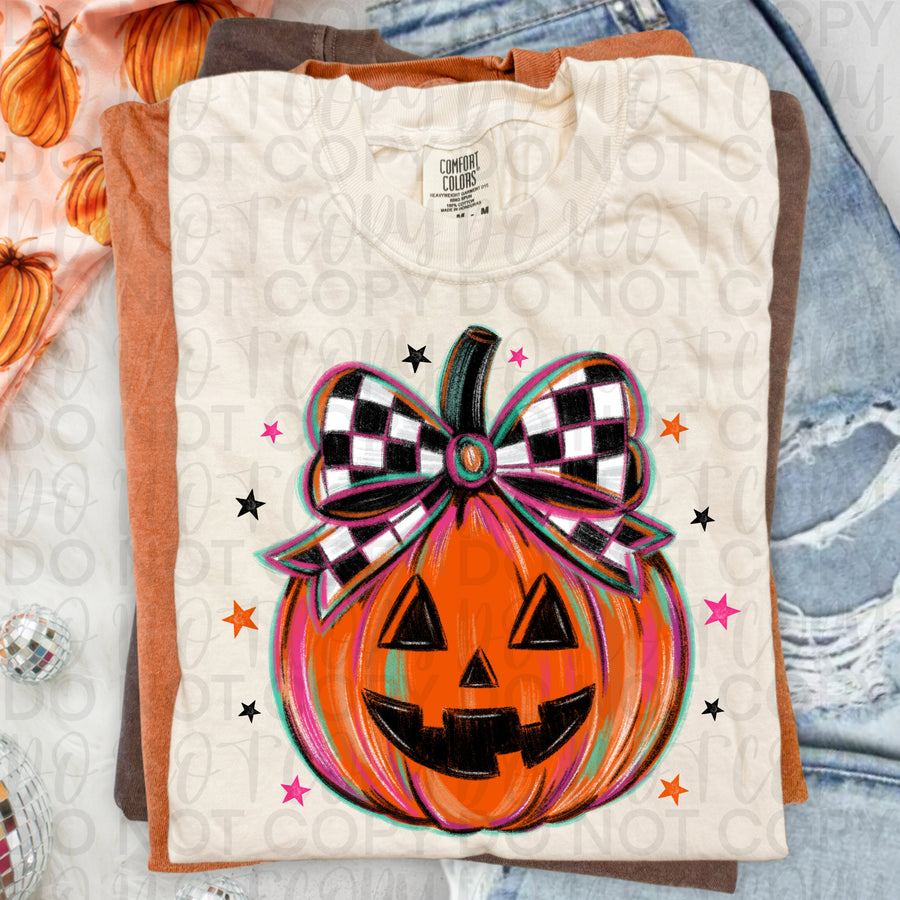 Cute Checker Bow Pumpkin Halloween Shirt | Girly Pumpkin Graphic Tee | Coquette Fall Pumpkin T-Shirt | Trendy Spooky Season Apparel