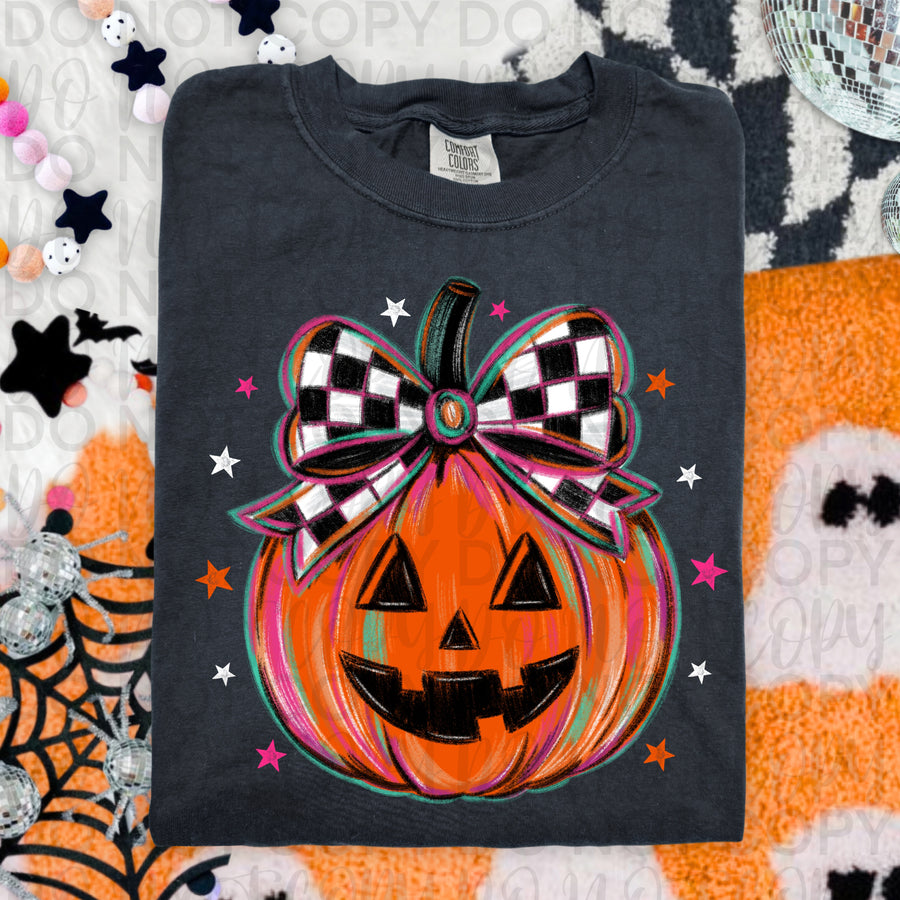 Cute Checker Bow Pumpkin Halloween Shirt | Girly Pumpkin Graphic Tee | Coquette Fall Pumpkin T-Shirt | Trendy Spooky Season Apparel