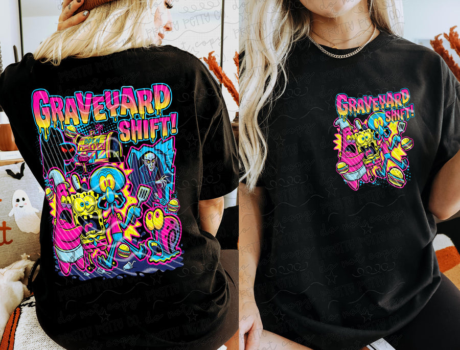 Graveyard Shift Shirt | Funny Spooky Cartoon Tee | Halloween Graphic Tee | Nostalgic Halloween Shirt | Retro TV Fan Apparel
