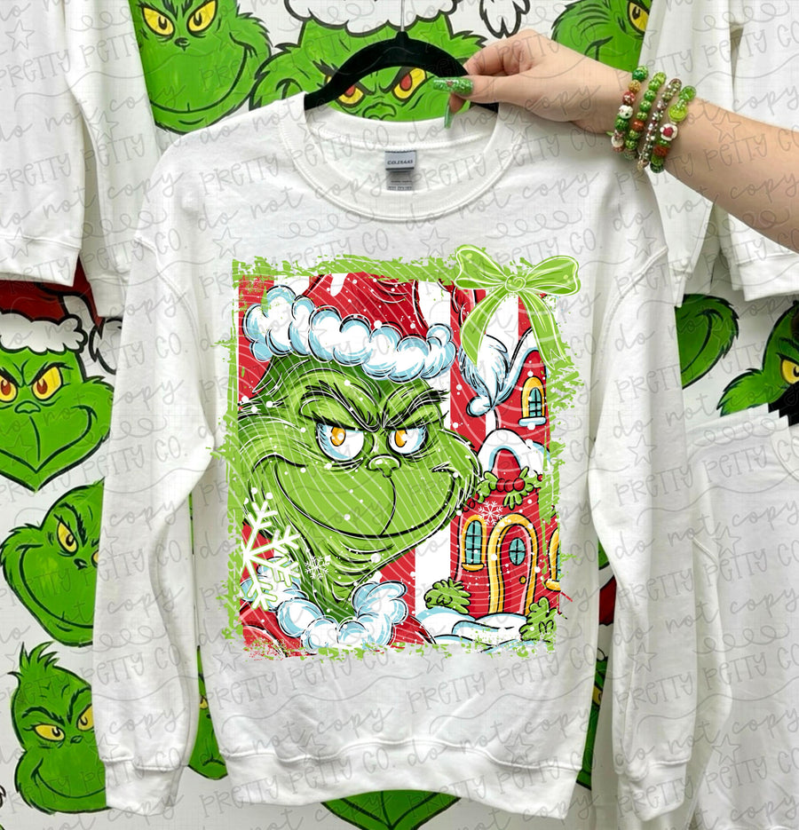 Green Christmas Meanie Sweatshirt | Retro Holiday Monster Shirt | Christmas Villain Inspired Tee | Whoville Inspired Christmas Apparel | Holiday Graphic Sweatshirt