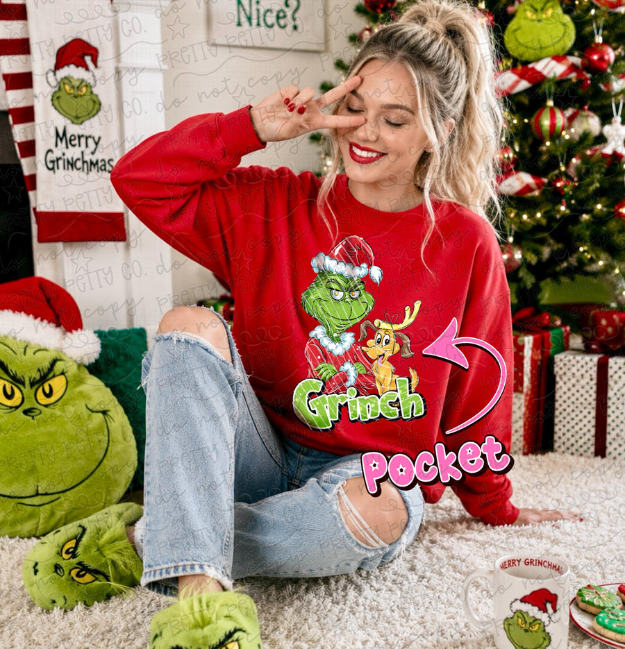 Green Christmas Meanie Pocket Shirt | Retro Holiday Pocket Tee | Grumpy Christmas Character Inspired Sweatshirt | Whoville Inspired Holiday Apparel | Christmas Pocket Design