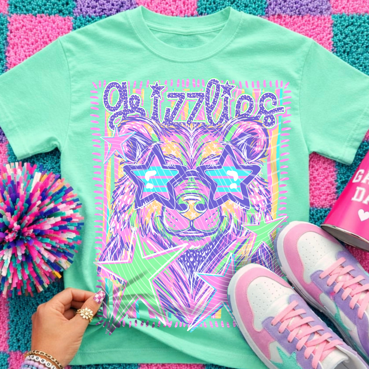 Grizzlies Preppy Mascot Shirt, Bright Color Collegiate Graphic Tee, Cute School Spirit Inspired Soft Style Tee for Women and Kids - Pretty Petty Co
