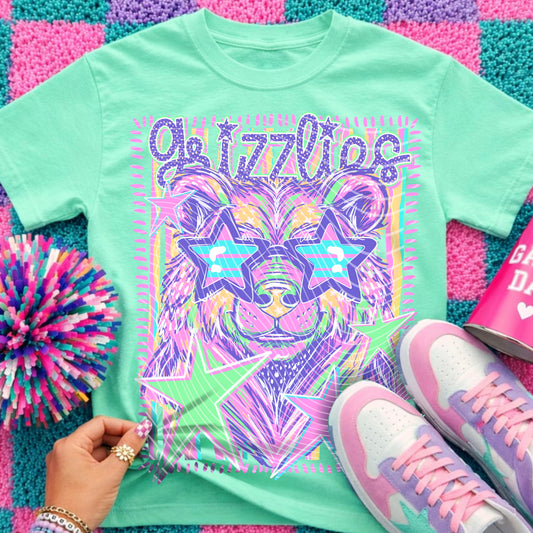 Grizzlies Preppy Mascot Shirt, Bright Color Collegiate Graphic Tee, Cute School Spirit Inspired Soft Style Tee for Women and Kids