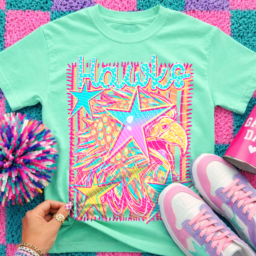 Hawks Preppy Mascot Shirt, Bright Color Collegiate Graphic Tee, Cute School Spirit Inspired Soft Style Tee for Women and Kids - Pretty Petty Co