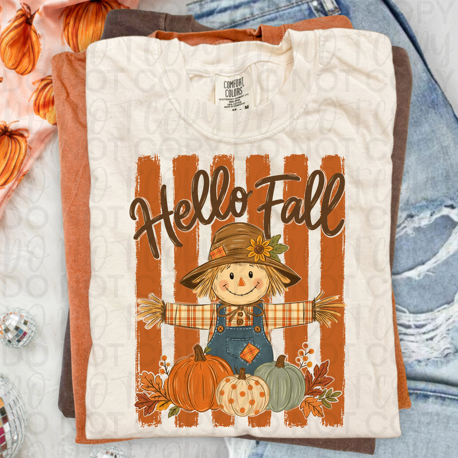 Hello Fall Scarecrow Shirt | Cute Pumpkin Patch Graphic Tee | Cozy Autumn Scarecrow T-Shirt | Rustic Fall Harvest Apparel
