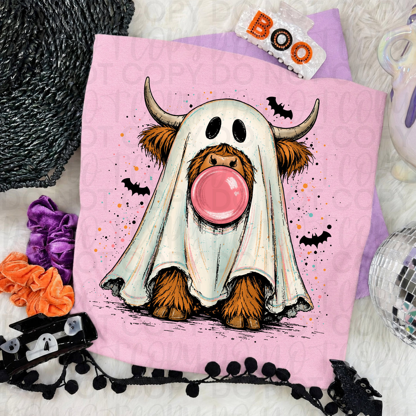 Halloween Highland Cow Ghost Shirt | Cute Spooky Cow Tee | Bubble Gum Ghost Fall Graphic T-Shirt