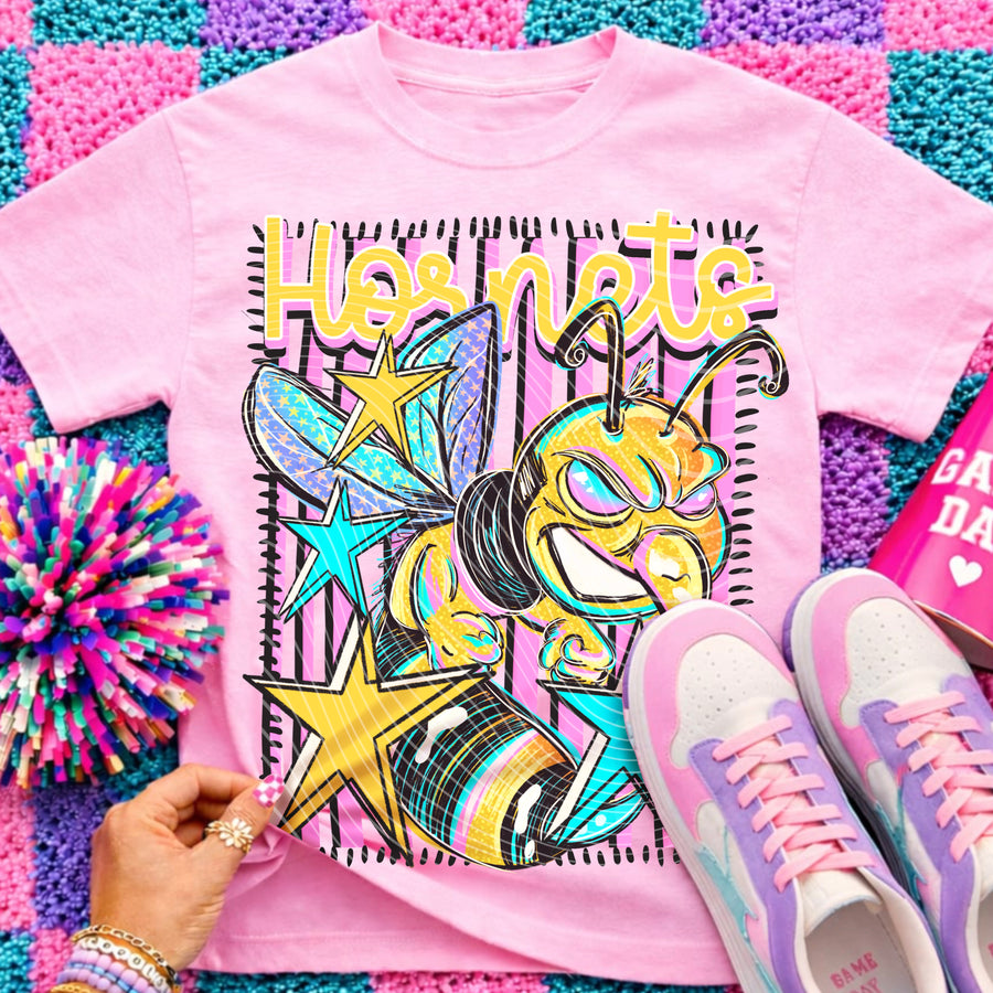 Hornets Preppy Mascot Shirt, Bright Color Collegiate Graphic Tee, Cute School Spirit Inspired Soft Style Tee for Women and Kids - Pretty Petty Co