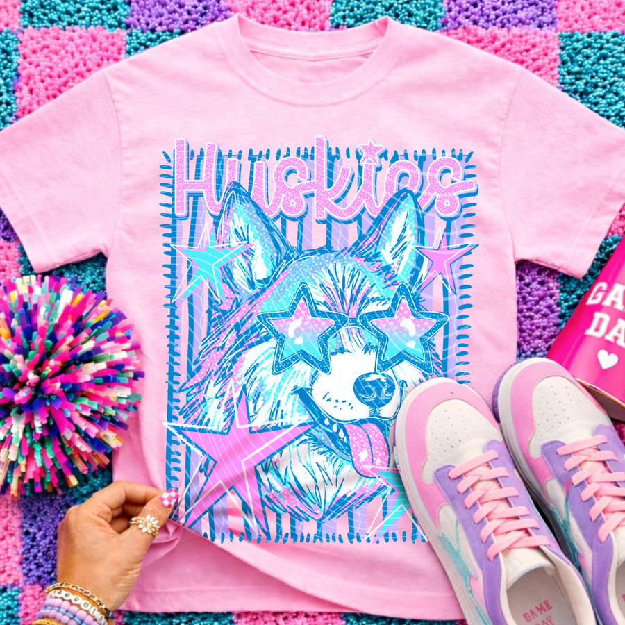 Huskies Preppy Mascot Shirt, Bright Color Collegiate Graphic Tee, Cute School Spirit Inspired Soft Style Tee for Women and Kids - Pretty Petty Co