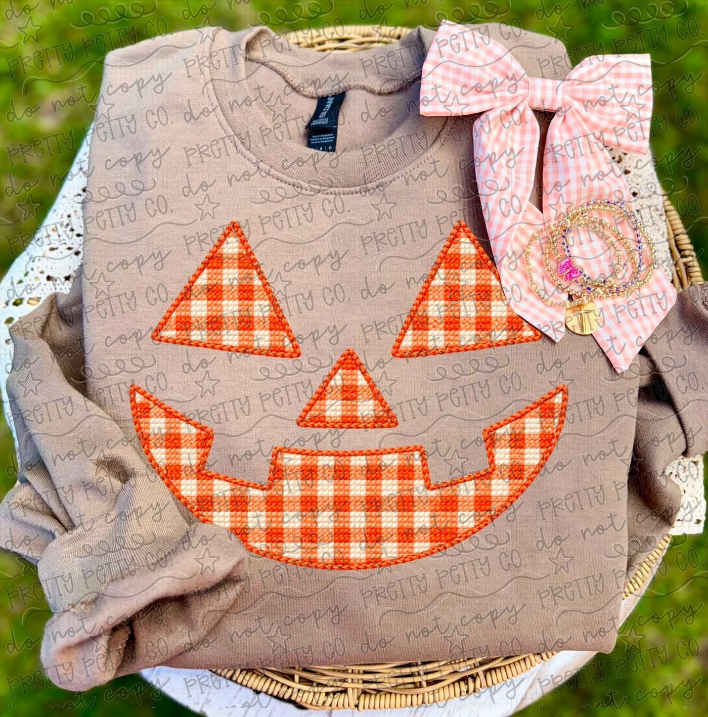 Orange Gingham Pumpkin Face Halloween Sweatshirt | Faux Stitch Jack O Lantern Crewneck | Preppy Fall Graphic Sweatshirt