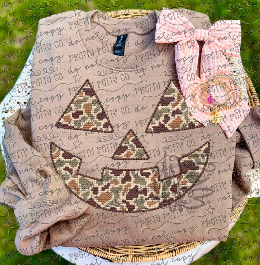 Camo Pumpkin Face Halloween Sweatshirt | Faux Stitch Jack O Lantern Crewneck | Fall Camo Graphic Sweatshirt