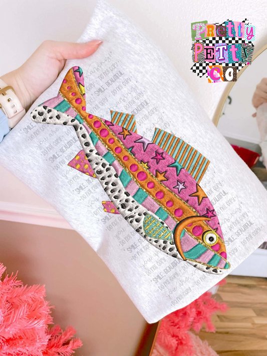 Faux Embroidered Fishy Cute Tee – Casual Fun Graphic T-Shirt