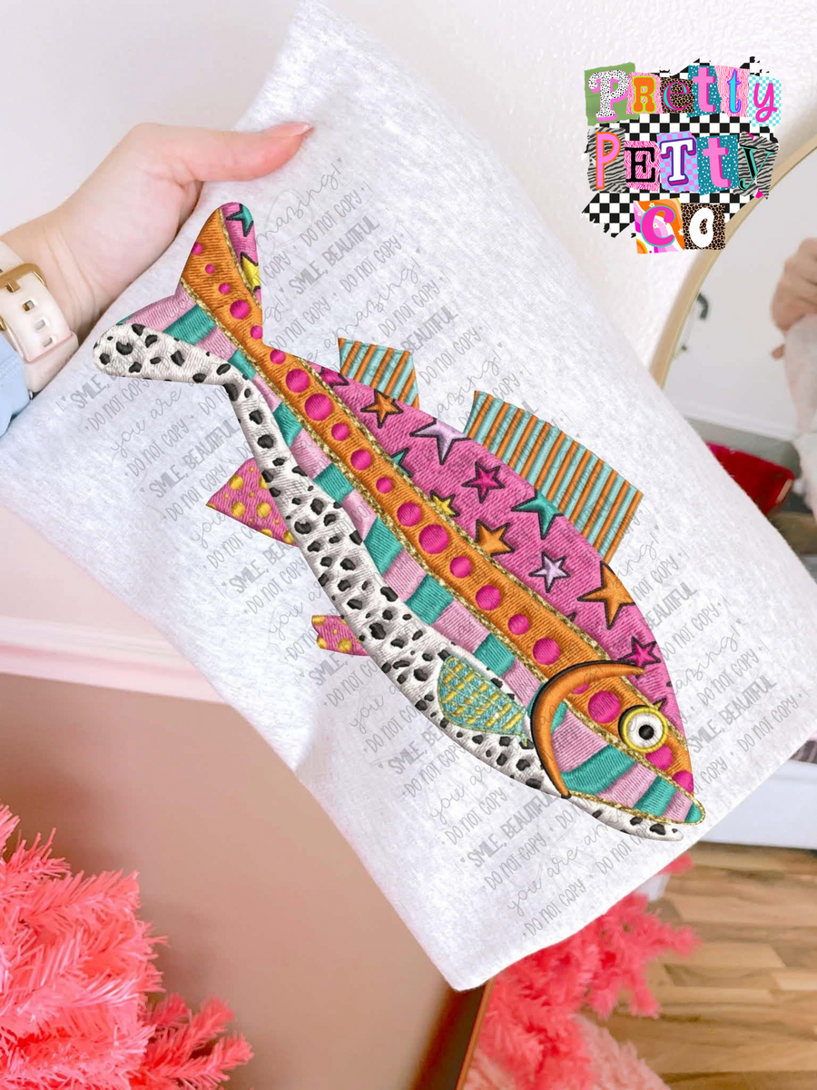 Faux Embroidered Fishy Cute Tee – Casual Fun Graphic T-Shirt - Pretty Petty Co
