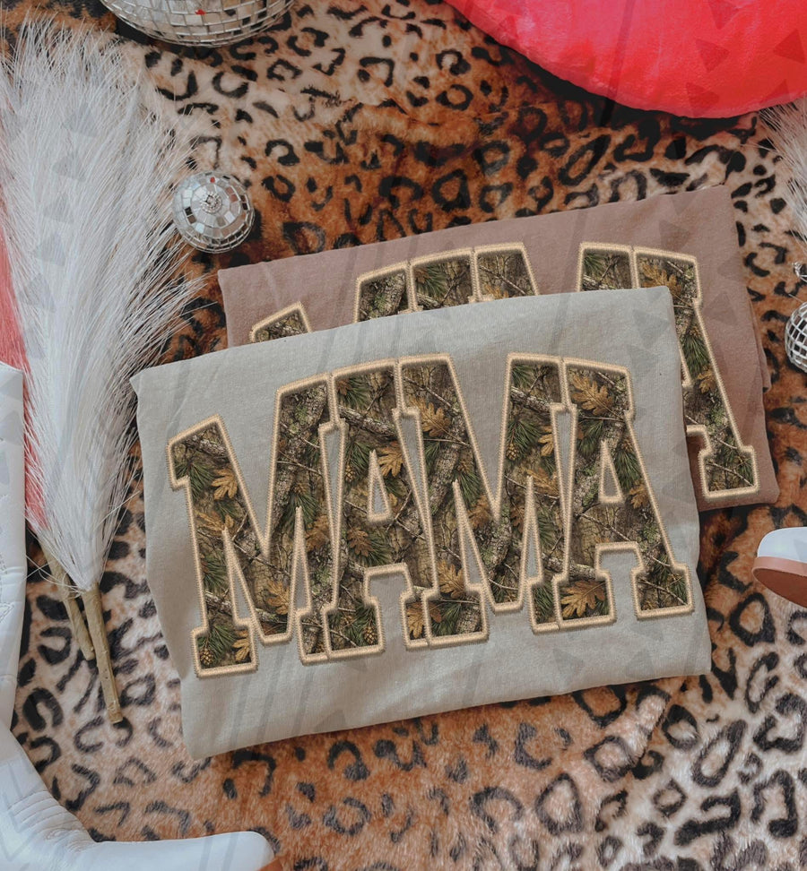 Camo Faux Embroidery “Mama” Graphic Tee – Popular Mom Shirt – Unisex DTF Print – Kids & Adult Sizes - Pretty Petty Co