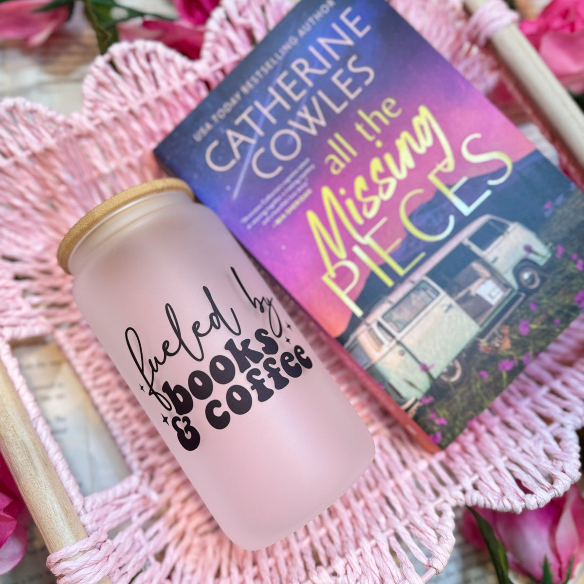 Fueled by Books and Coffee Frosted Glass Cup with Bamboo Lid & Straw