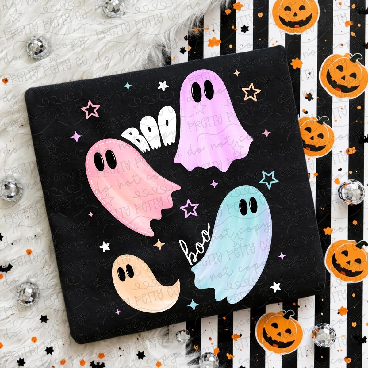 Cute Pastel Ghosts Halloween Graphic Tee | Colorful Spooky Season Shirt | Trendy Women’s Halloween Tee