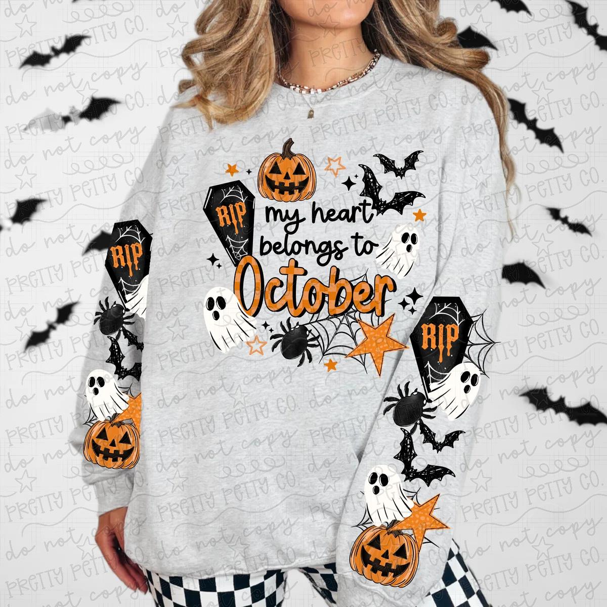 My Heart Belongs to October Halloween Graphic Tee | Ghost Pumpkin Spooky Season Shirt | Women’s Fall Tee