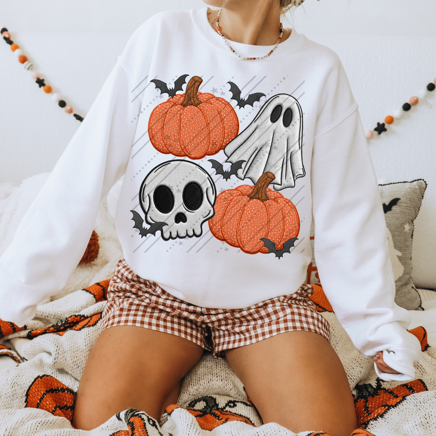 Pumpkin Ghost Skull Halloween Sweatshirt | Faux Embroidery Spooky Graphic Crewneck | Cute Halloween Sweatshirt