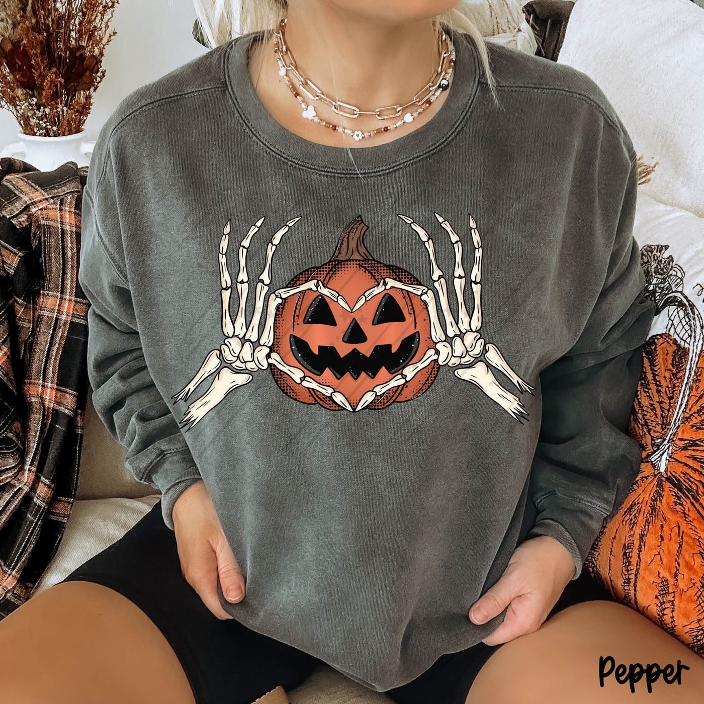 Skeleton Hands Pumpkin Halloween Sweatshirt | Jack O Lantern Graphic Crewneck | Spooky Fall Sweatshirt