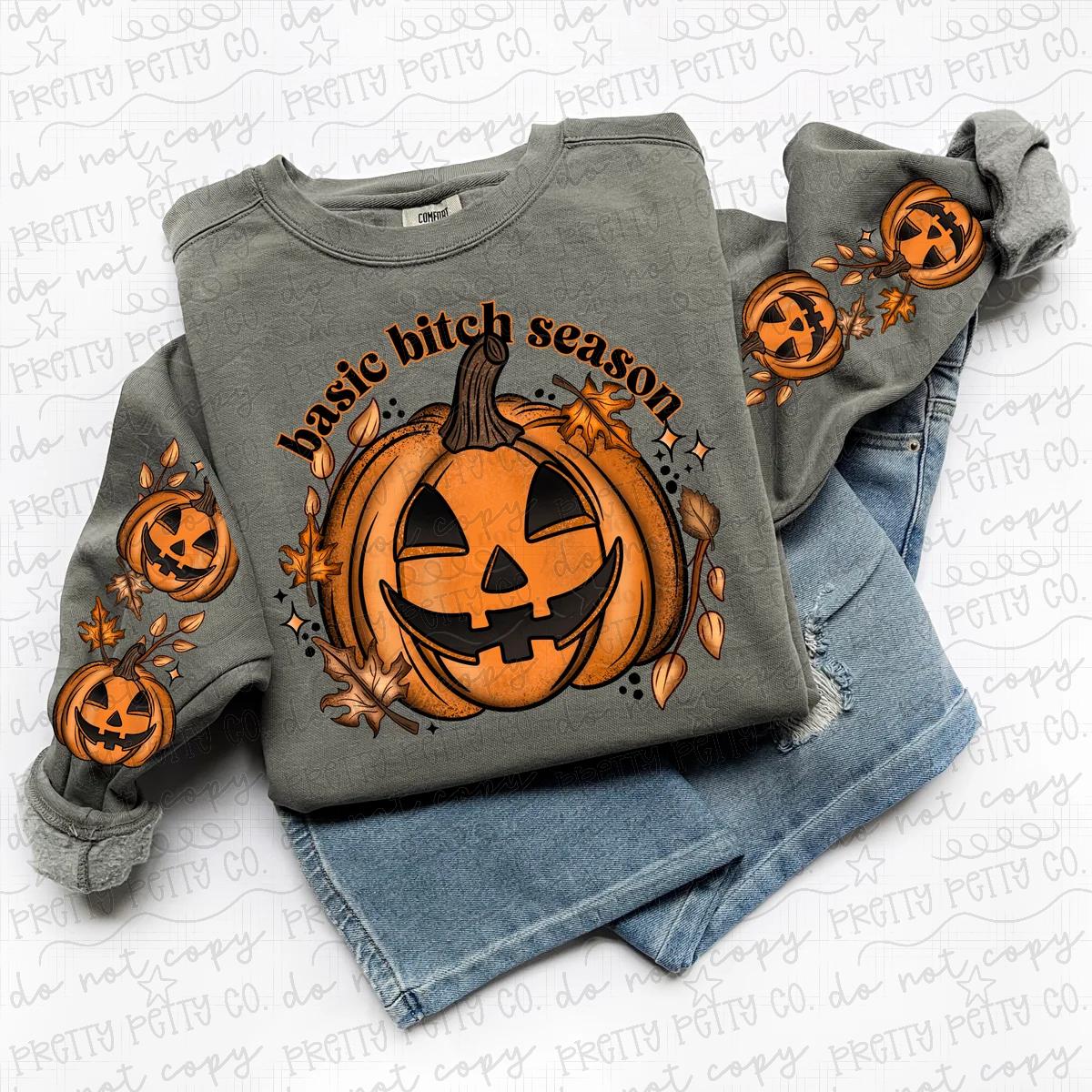 Basic Bitch Season Pumpkin Halloween Sweatshirt | Jack O Lantern Sleeve Graphic Crewneck | Funny Fall Sweatshirt
