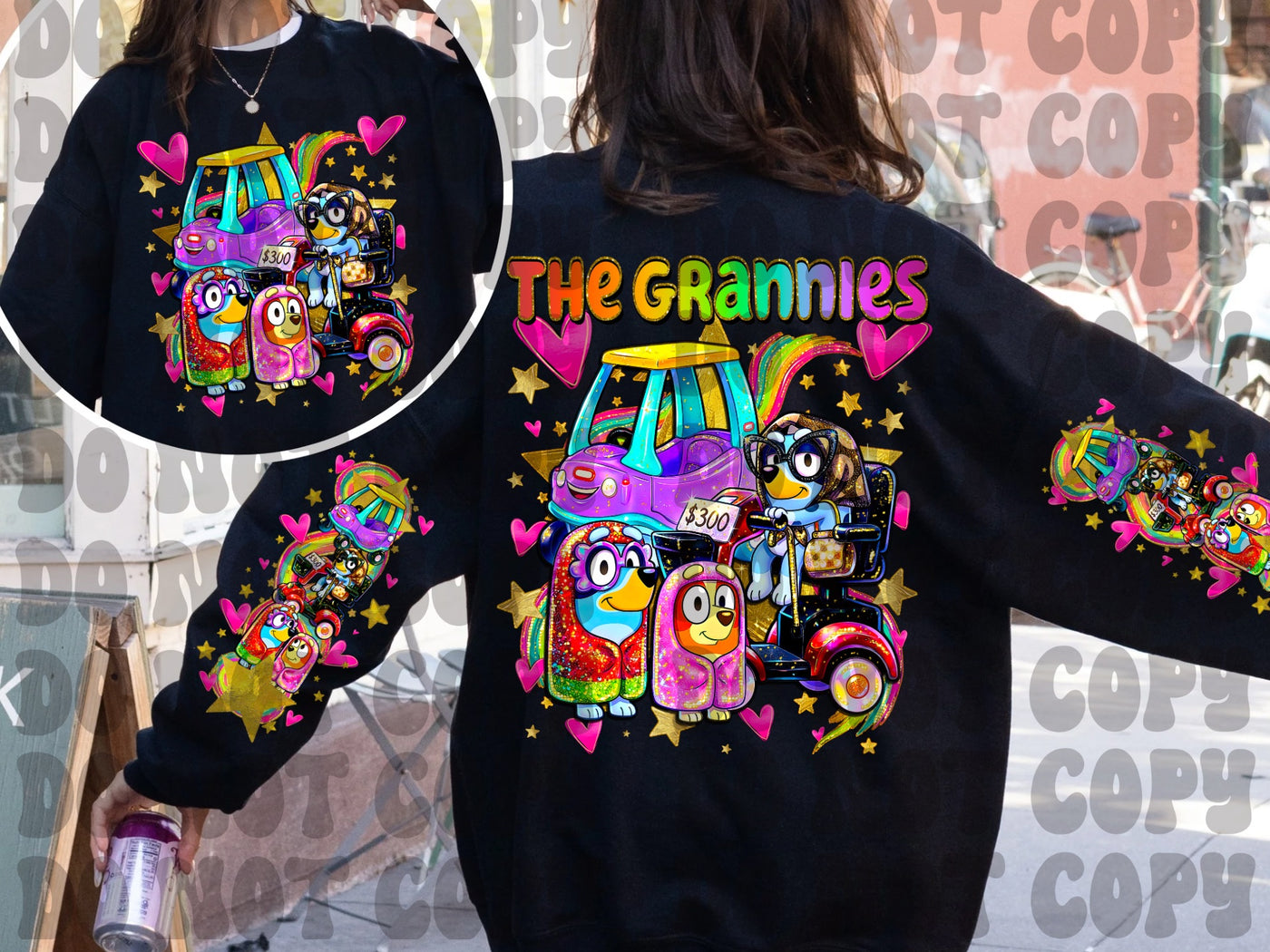 The Grannies Colorful Graphic Sweatshirt | Funny Blue Dog Family Inspired Front Back Sleeve Print