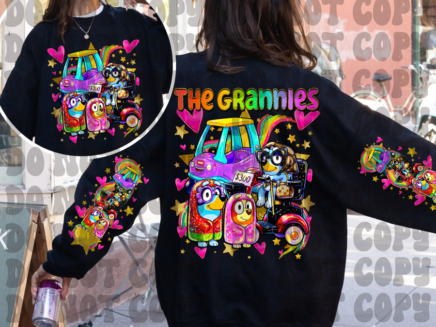 The Grannies Colorful Graphic Sweatshirt | Funny Blue Dog Family Inspired Front Back Sleeve Print
