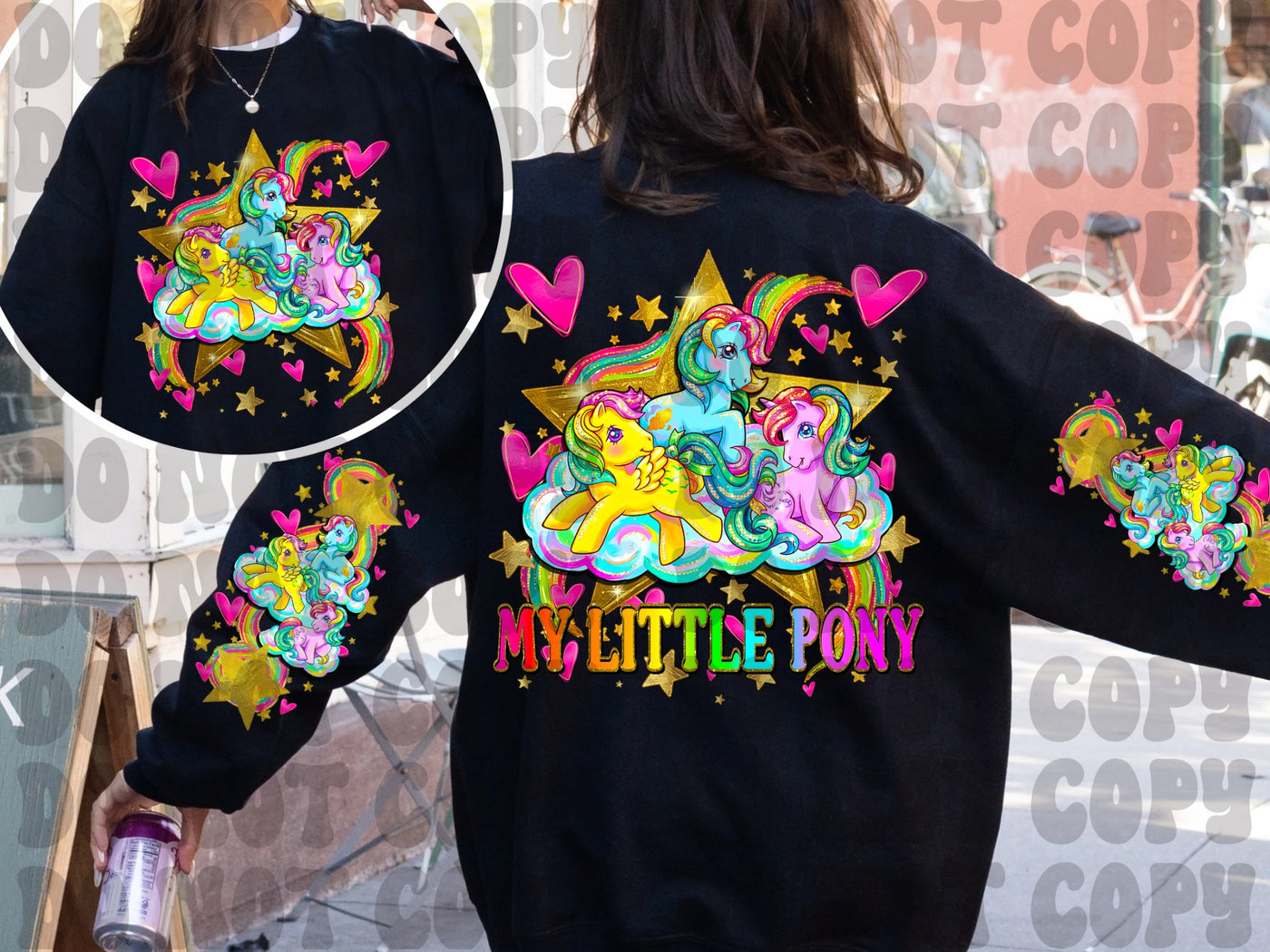My Little Pony Colorful Graphic Sweatshirt | Retro Pony Inspired Front Back Sleeve Print | Color Pop Collection