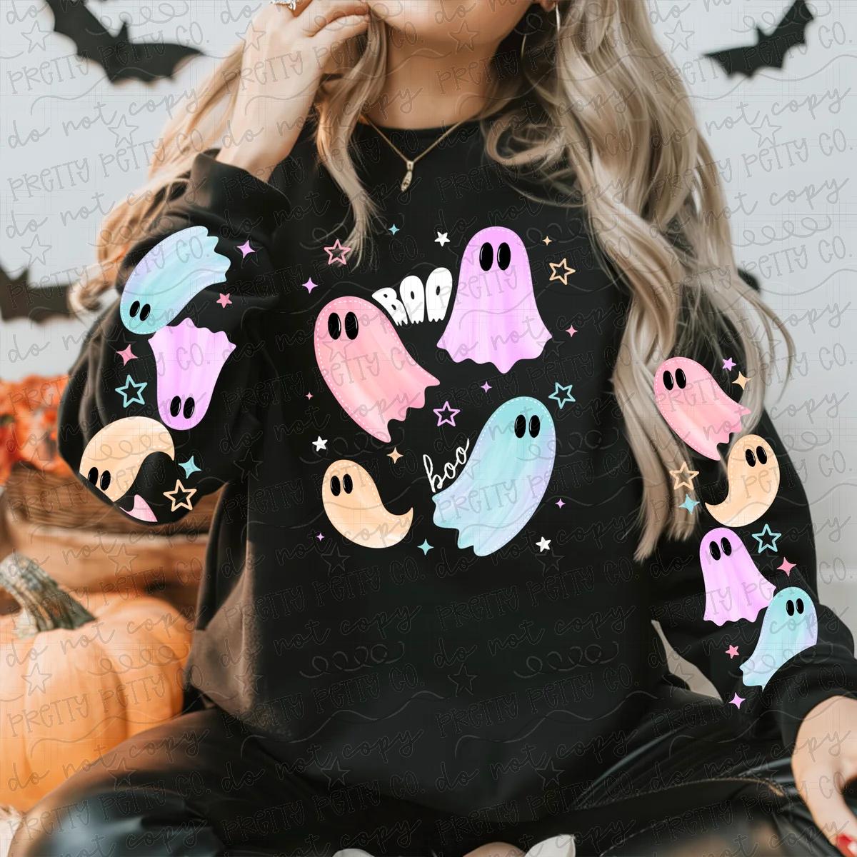 Cute Pastel Ghosts Halloween Graphic Tee | Colorful Spooky Season Shirt | Trendy Women’s Halloween Tee