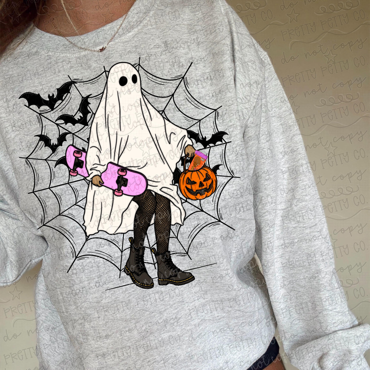 Skater Ghost Halloween Sweatshirt – Spooky Spiderweb Pumpkin Graphic Crewneck