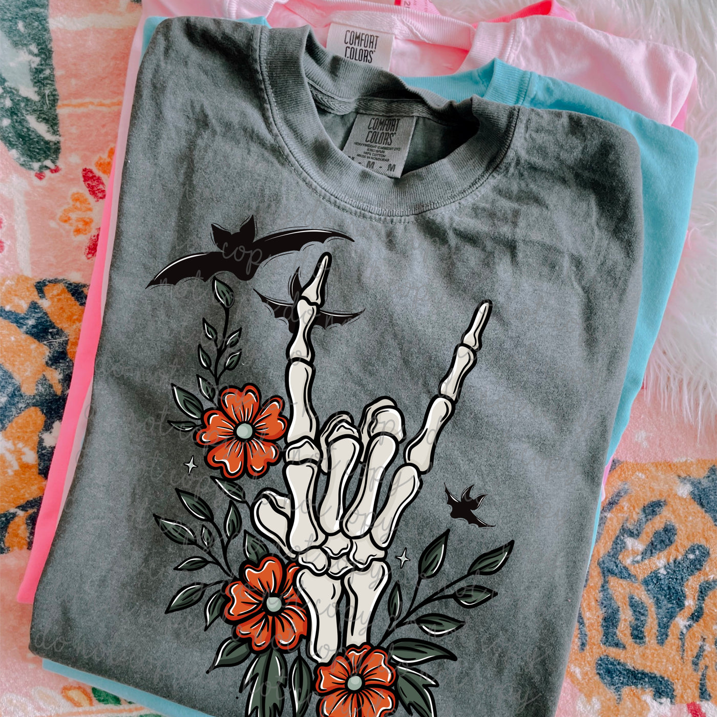 Skeleton Hand Halloween Shirt | Floral Skeleton Graphic Tee | Spooky Rock Hand Halloween Shirt