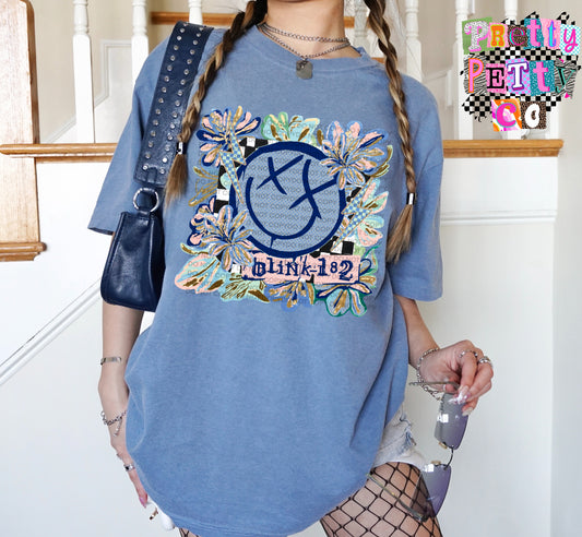 Blink-182 Muted Floral Graphic Tee, Retro Pop Punk Band Inspired Shirt, Youth and Adult Sizing, DTF Printed