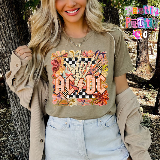 AC/DC Muted Floral Graphic Tee, Retro Rock Band Inspired Shirt, Youth and Adult Sizing, DTF Printed