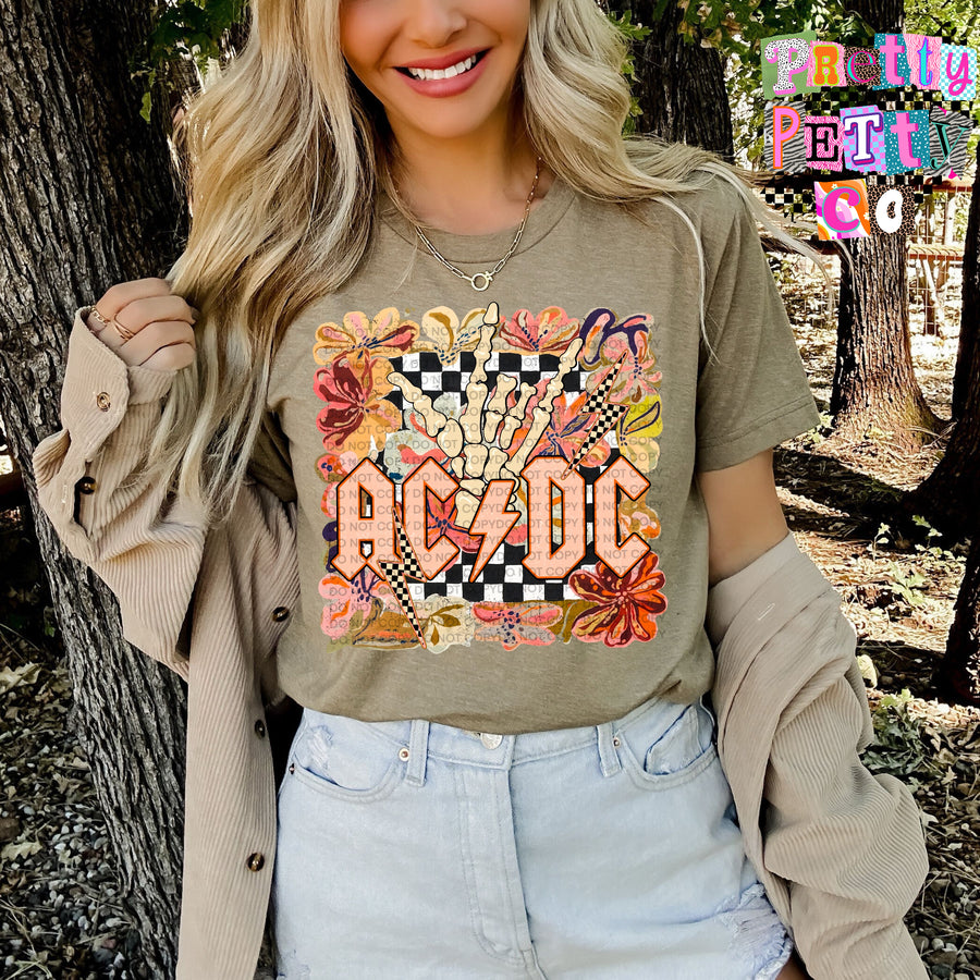 AC/DC Muted Floral Graphic Tee, Retro Rock Band Inspired Shirt, Youth and Adult Sizing, DTF Printed - Pretty Petty Co