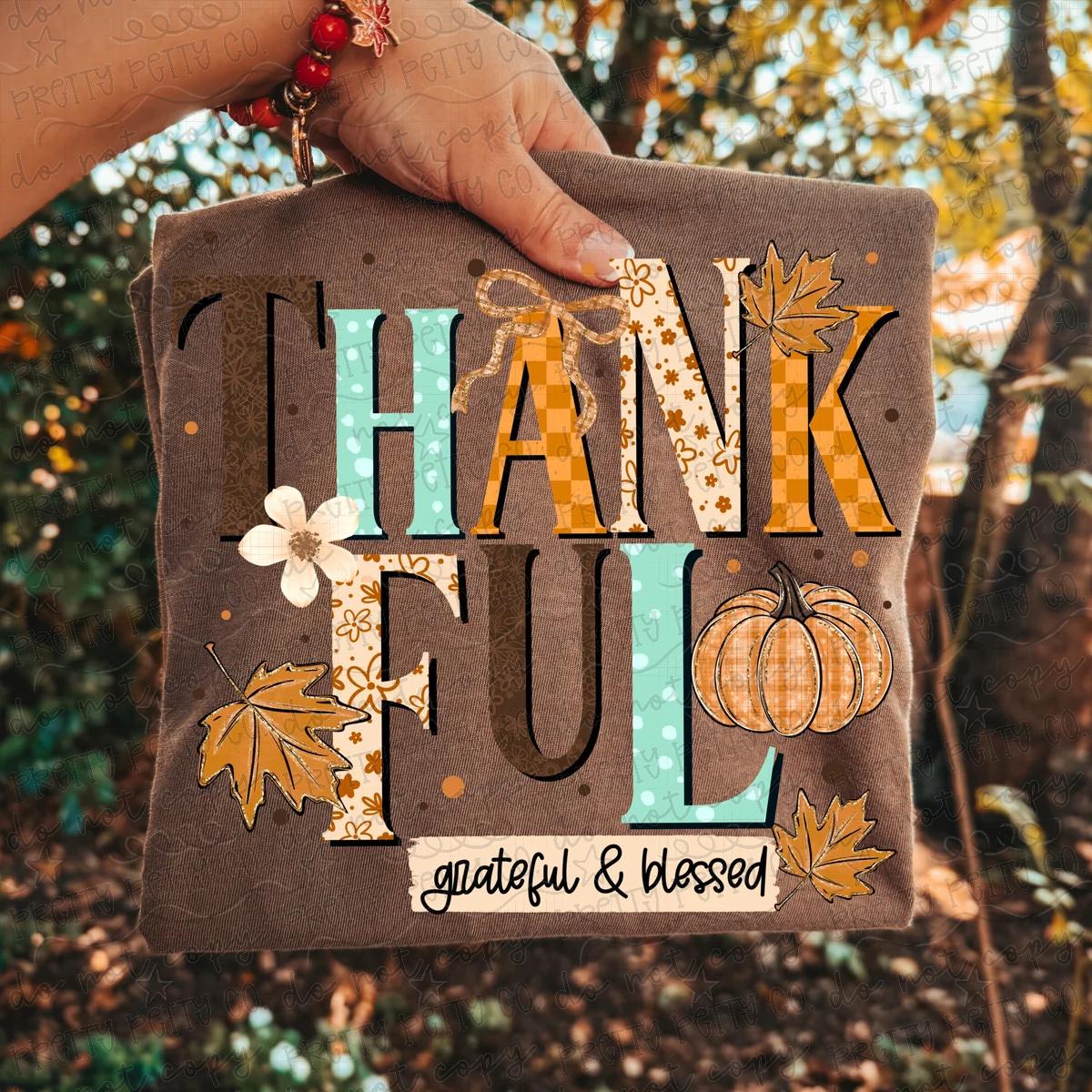 Thankful Grateful & Blessed Fall Graphic Tee | Retro Pumpkin Autumn Shirt | Cute Thanksgiving Fall T-Shirt
