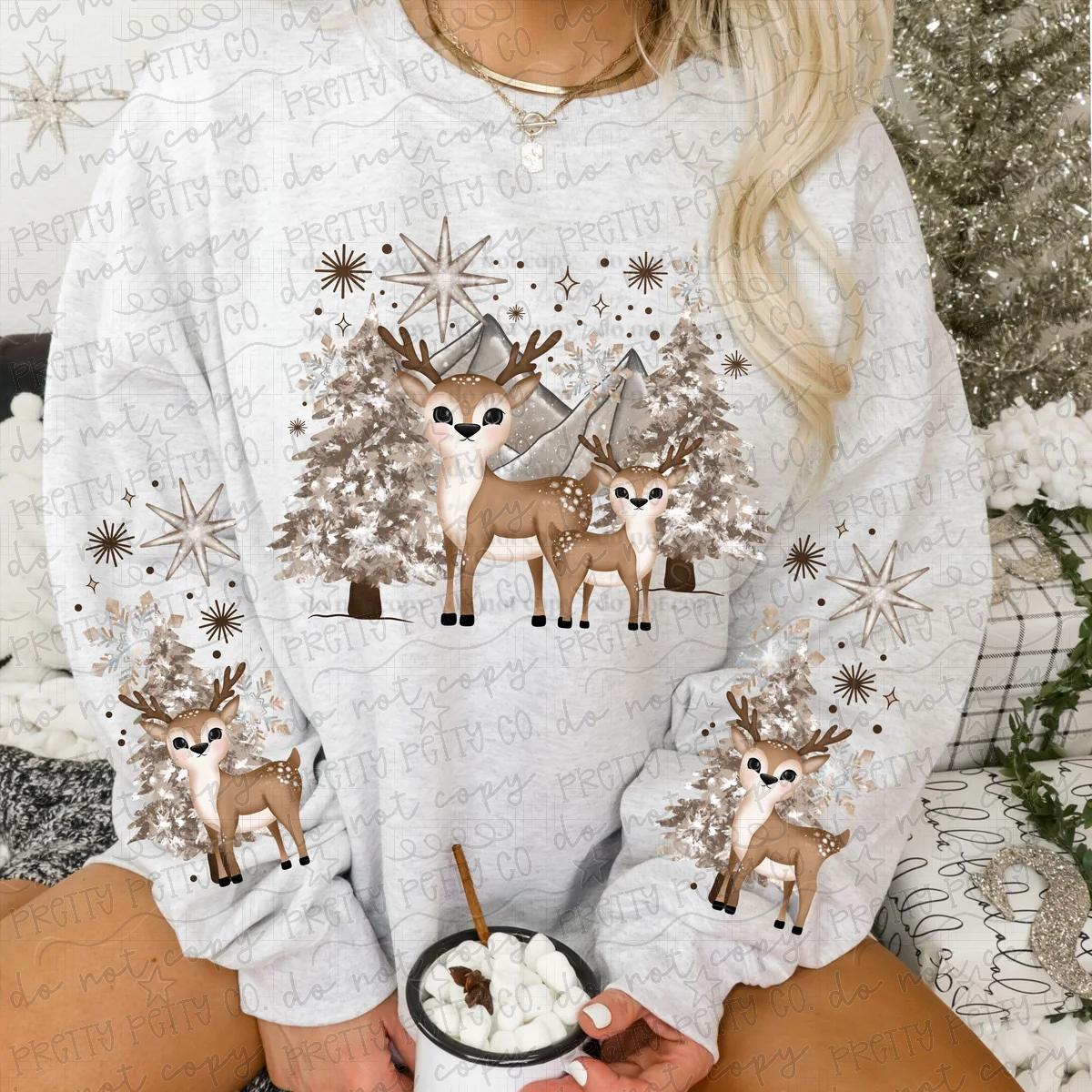 Winter Wonderland Reindeer Graphic Sweatshirt – Snowy Forest Christmas Crewneck