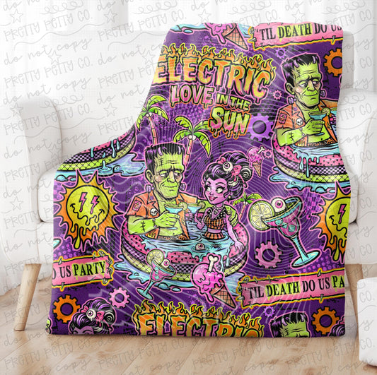 Electric Love Monster Romance Blanket | Summer Gothic Horror Throw | Frankenstein Inspired Cozy Blanket