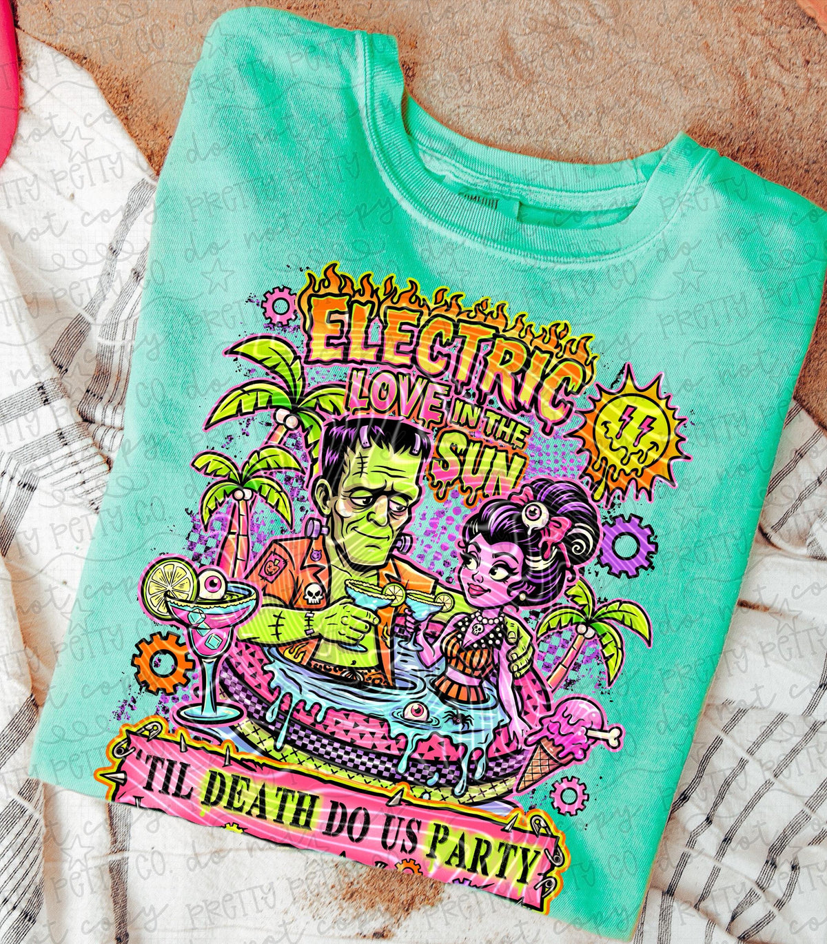 Electric Love Monster Couple Tee | Vintage Horror Romance Shirt | Frankenstein & Bride Summer Gothic Tee - Pretty Petty Co