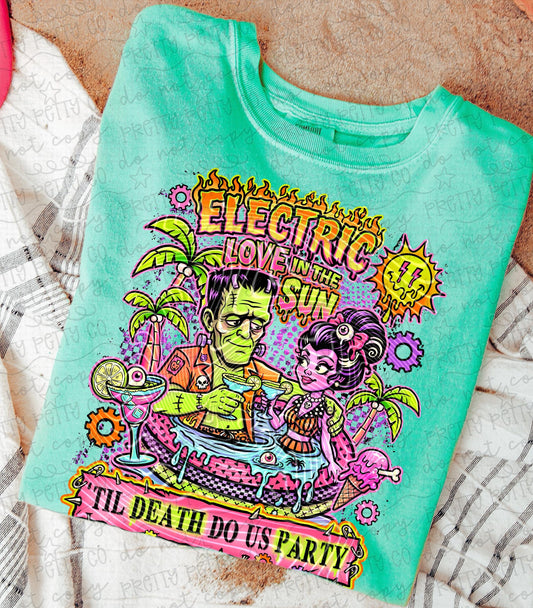 Electric Love Monster Couple Tee | Vintage Horror Romance Shirt | Frankenstein & Bride Summer Gothic Tee