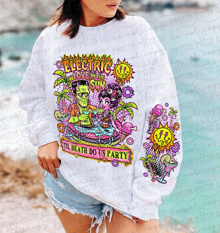 Electric Love Monster Couple Tee | Vintage Horror Romance Shirt | Frankenstein & Bride Summer Gothic Tee - Pretty Petty Co