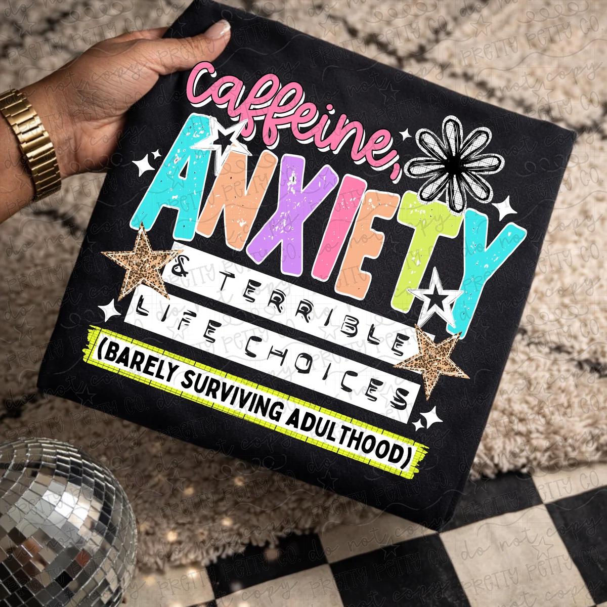 Caffeine Anxiety & Terrible Life Choices Graphic Tee | Funny Adulting Shirt | Colorful Retro Coffee Lover T-Shirt