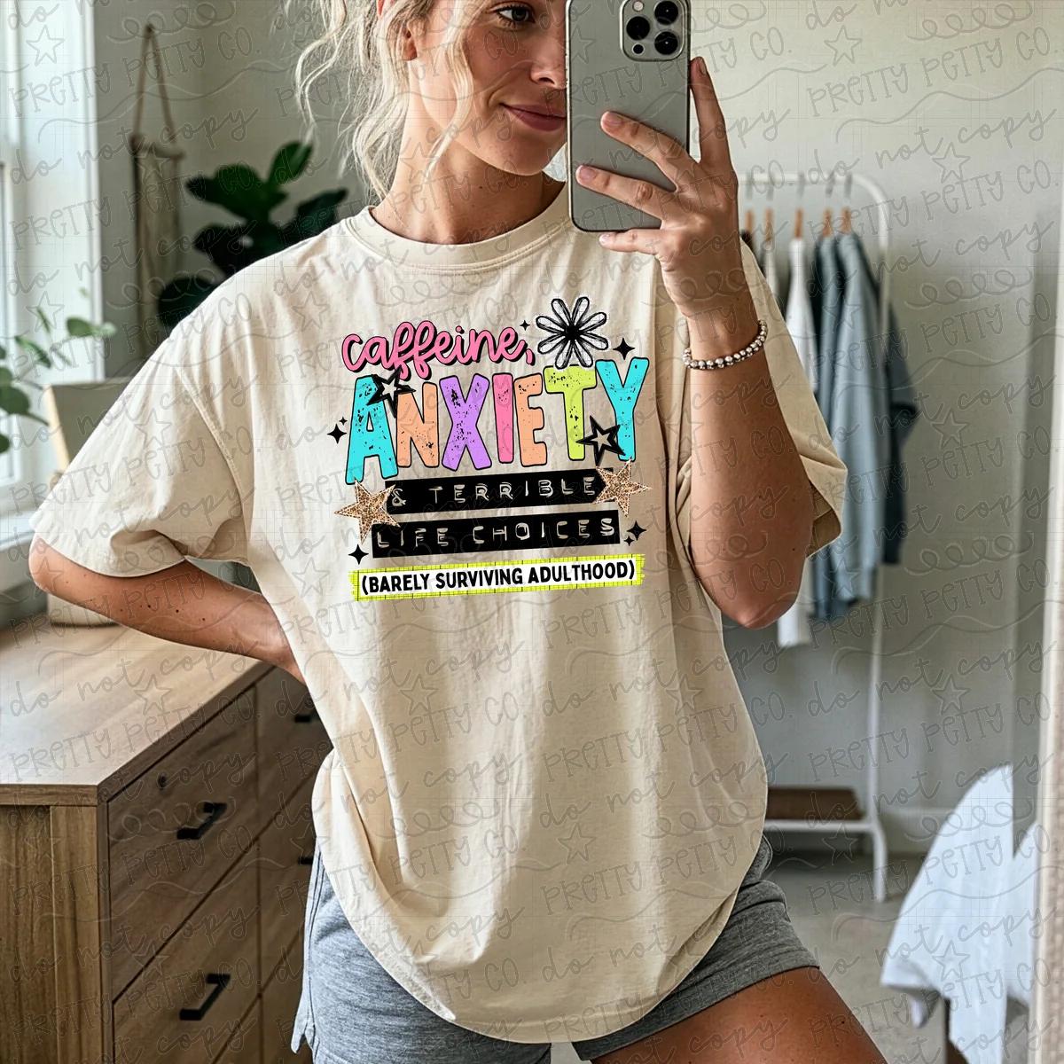 Caffeine Anxiety & Terrible Life Choices Graphic Tee | Funny Adulting Shirt | Colorful Retro Coffee Lover T-Shirt