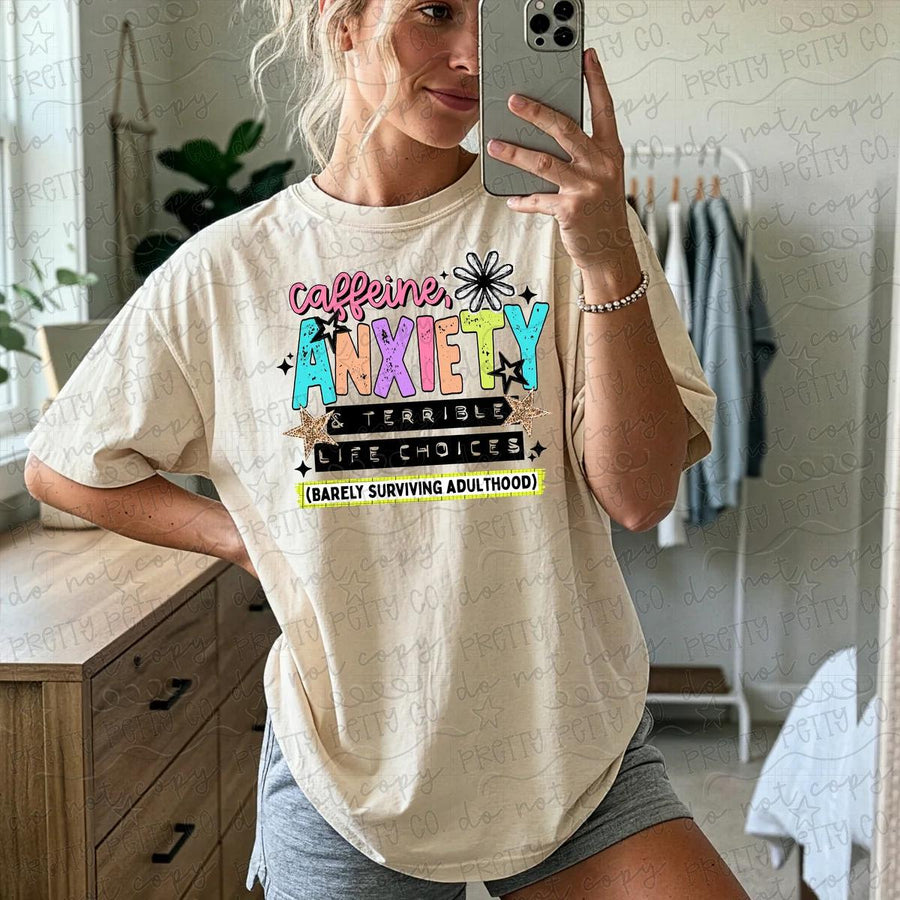 Caffeine Anxiety & Terrible Life Choices Graphic Tee | Funny Adulting Shirt | Colorful Retro Coffee Lover T-Shirt