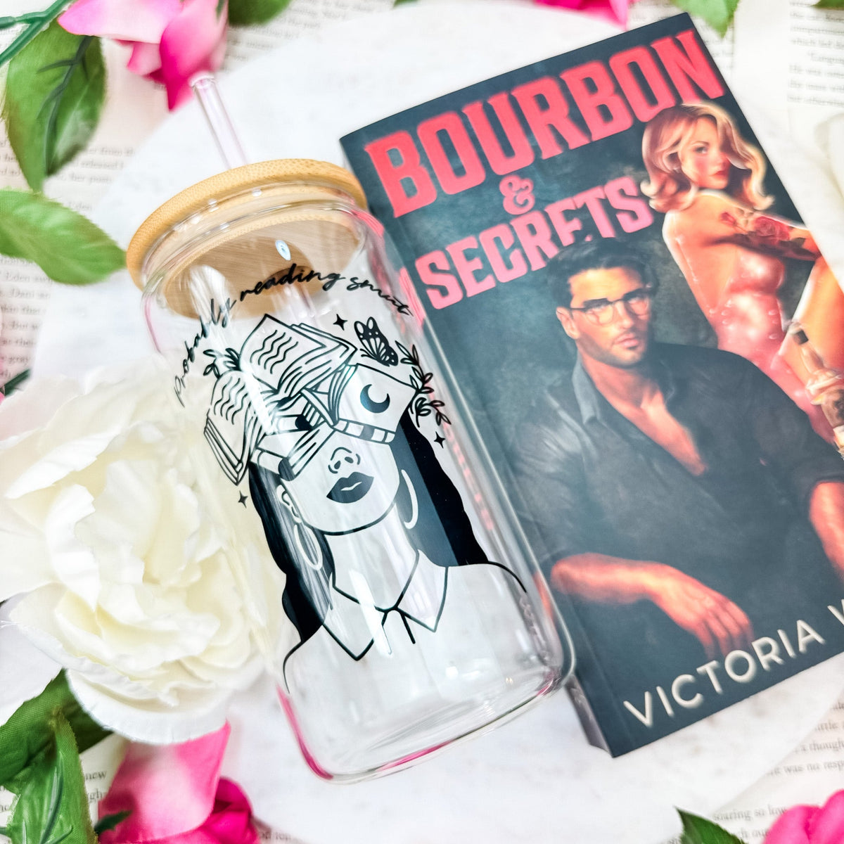 Probably Reading Smut" Clear Glass Cup | Bamboo Lid Tumbler with Reusable Straw Options for Book Lovers