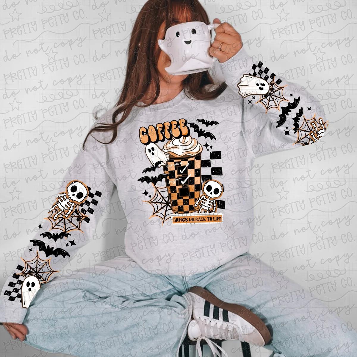 Coffee Brings Me Back to Life Halloween Sweatshirt – Ghost Skeleton Spooky Coffee Crewneck