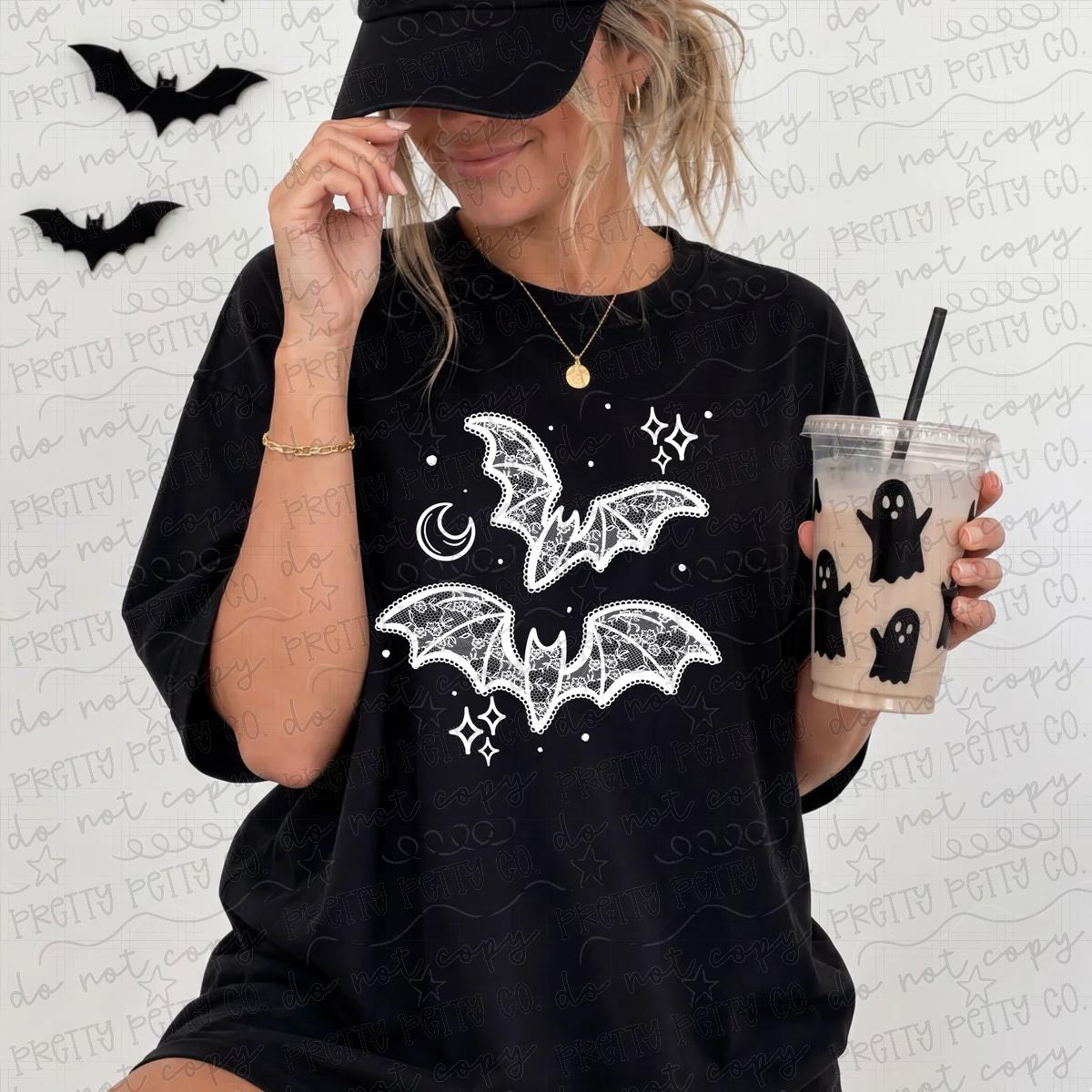 White Lace Bats Moon & Stars Halloween Shirt – Spooky Cute Comfort Colors Tee