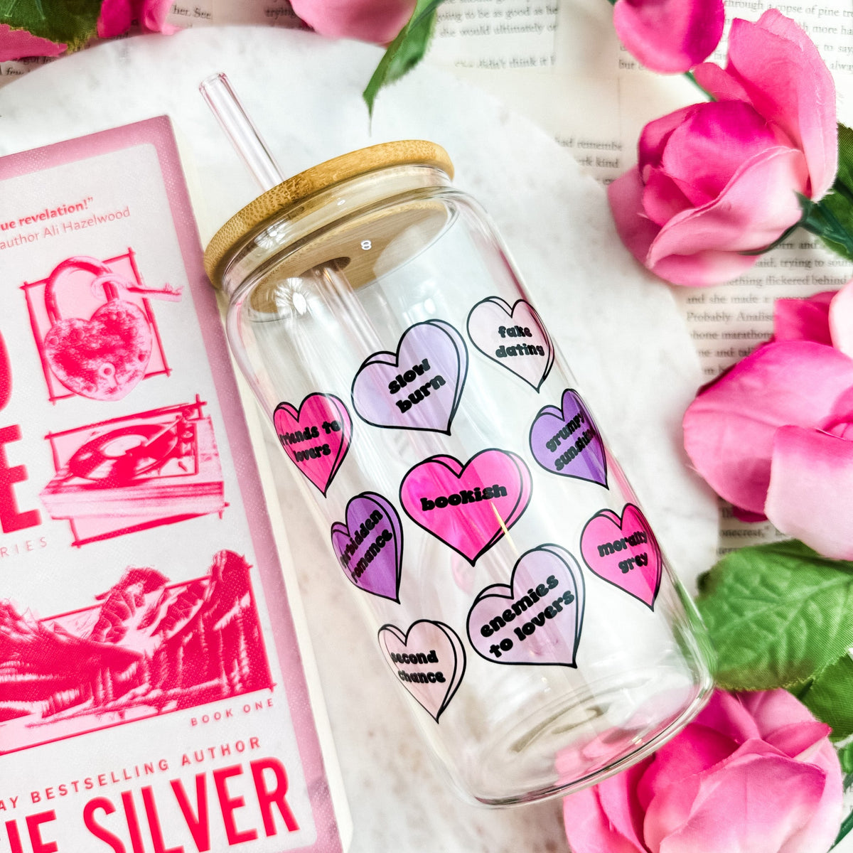 Bookish Tropes Candy Hearts Clear Glass Cup with Bamboo Lid & Straw