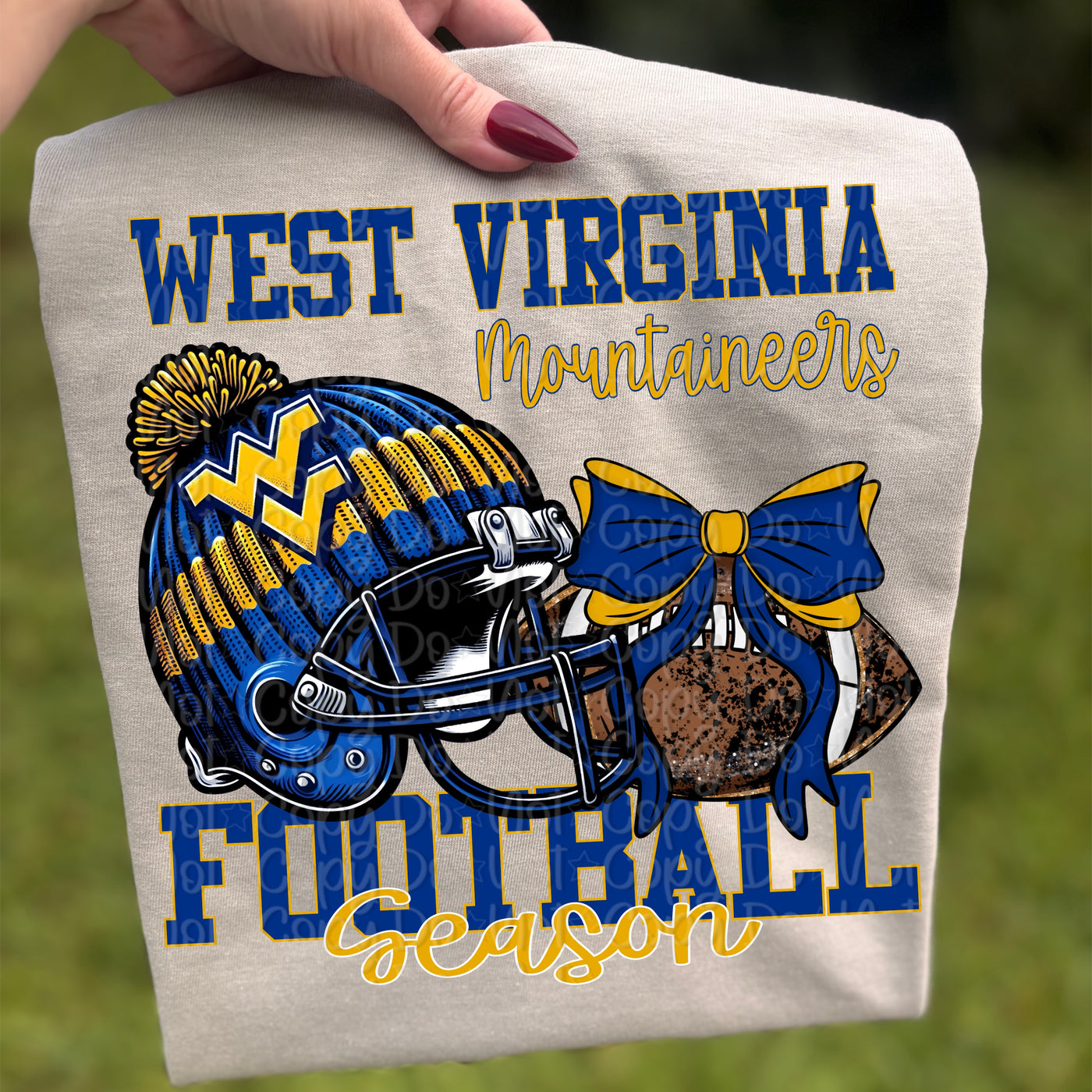 WVU Football Season Graphic Tee | West Virginia Mountaineers Game Day Shirt | Football Bow & Helmet T-Shirt