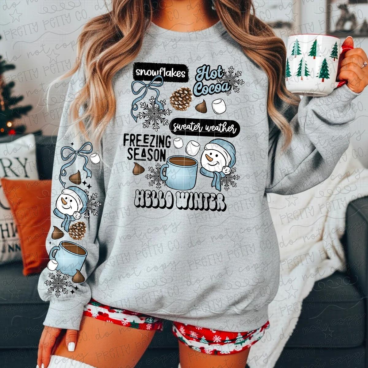 Hello Winter Snowman Collage Graphic Sweatshirt – Cozy Winter Aesthetic Crewneck