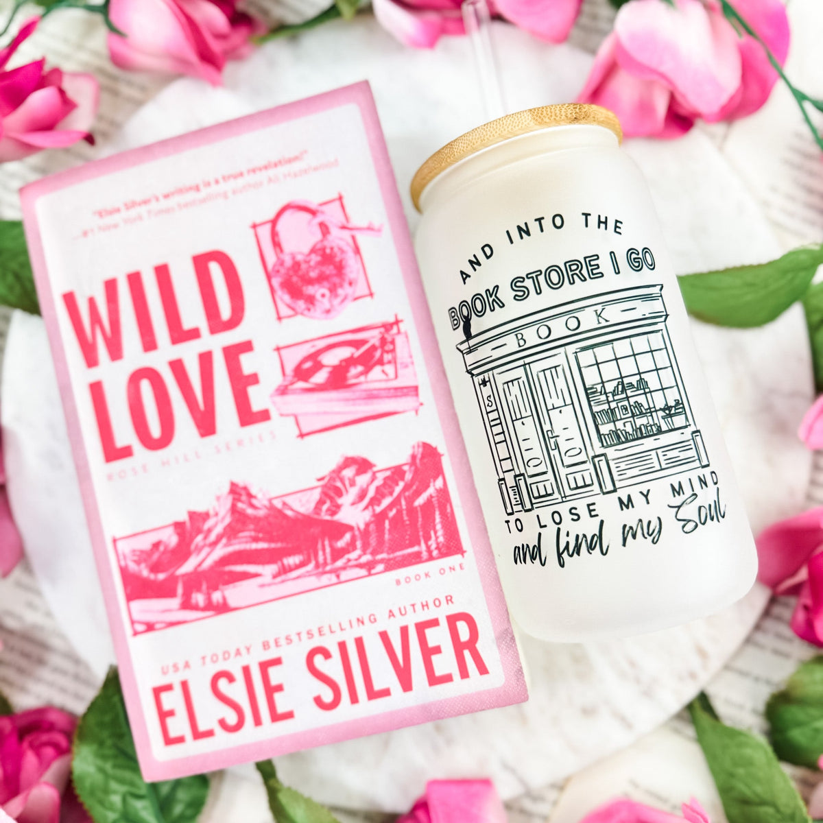 Into the Bookstore I Go Frosted Glass Cup | Bamboo Lid and Straw
