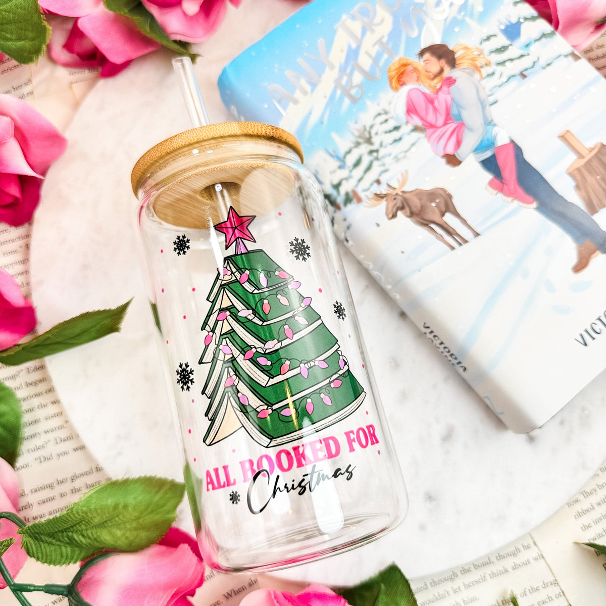 All Booked for Christmas Clear Glass Cup with Bamboo Lid & Straw