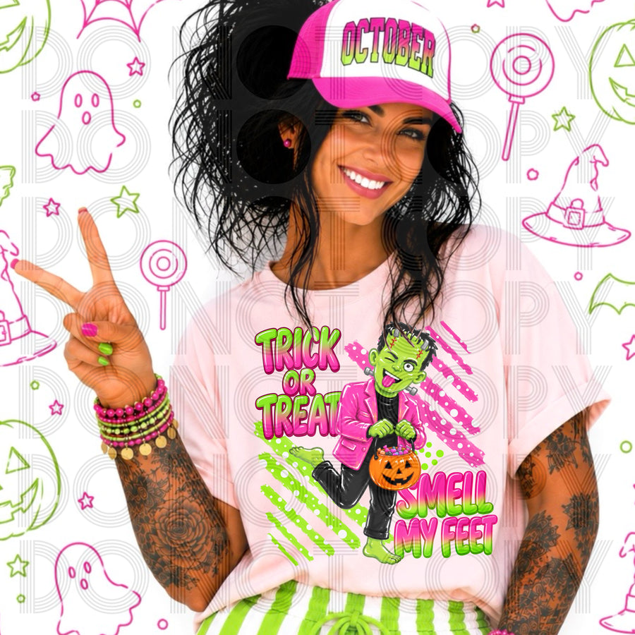 Trick or Treat Smell My Feet Graphic Tee | Funny Halloween Monster Shirt | Colorful Spooky Season Tee